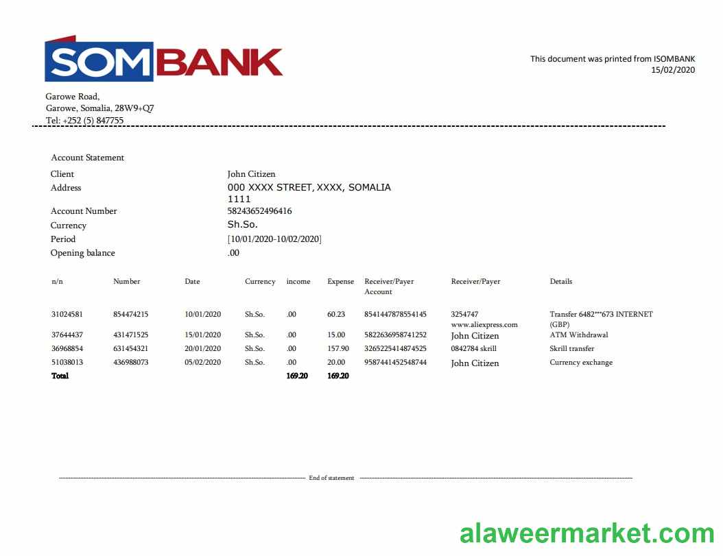 Somalia Sombank bank statement template in Word and PDF format